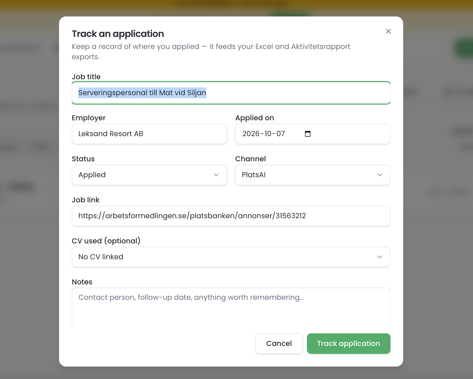 The Track an application form in PlatsAI, pre-filled with the job title, employer and Platsbanken link of a listing